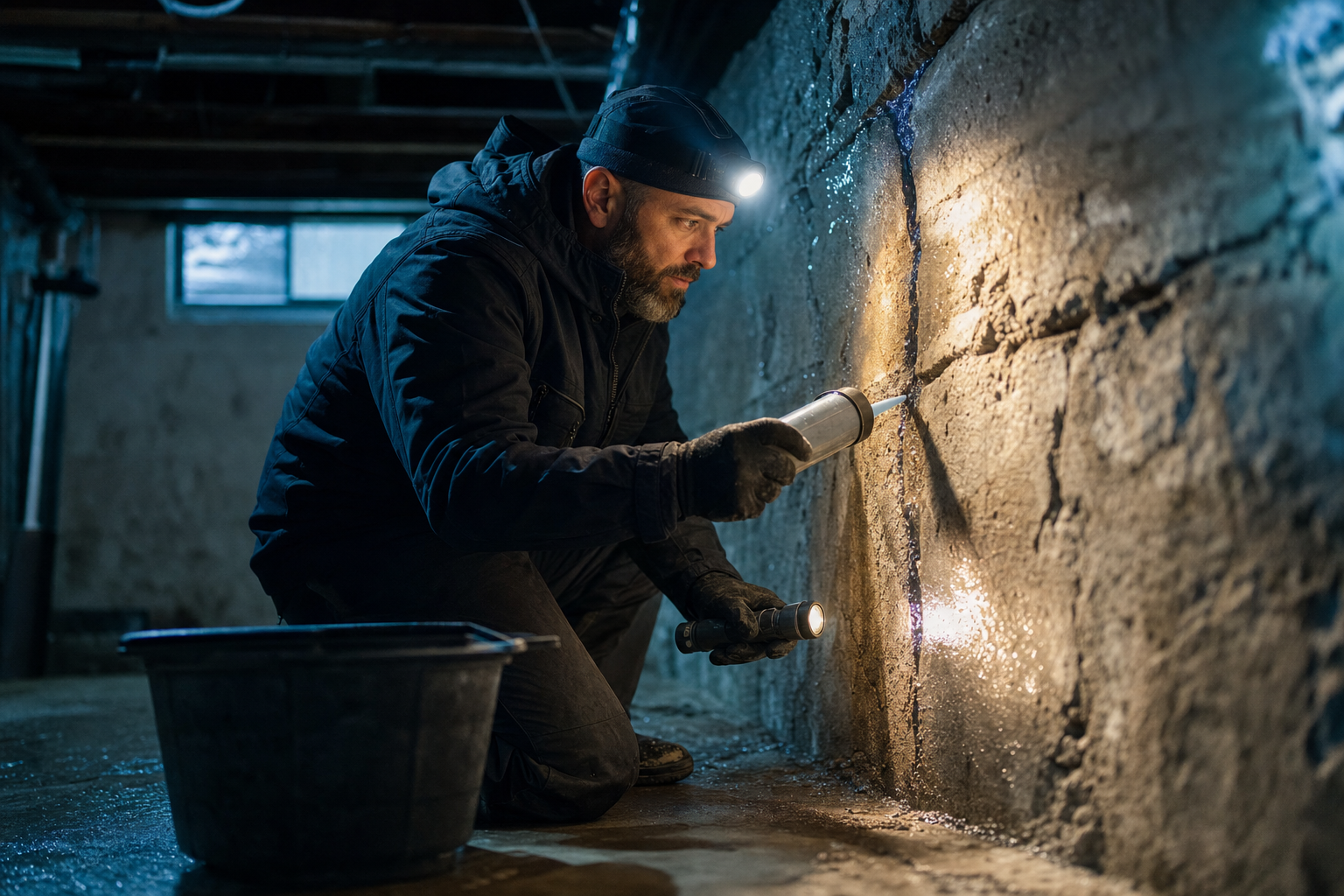 A waterproofing technician using a headlamp and caulking gun to seal a crack in a New Jersey basement foundation wall